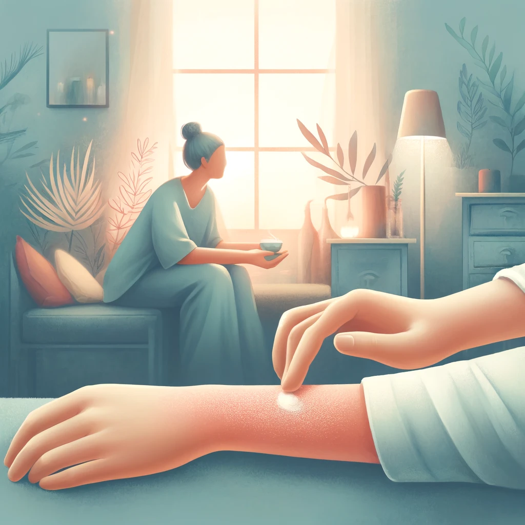 Immagine rassicurante che illustra il processo di guarigione delle ustioni. In un ambiente domestico sereno, una persona applica delicatamente una medicazione su un'ustione, evidenziando l'importanza della cura e del supporto durante il recupero. La scena trasmette calma e speranza, con una luce soffusa che illumina il momento di cura personale.